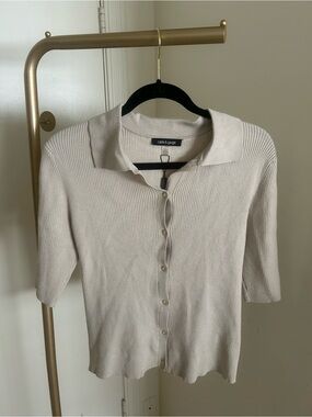 Cable & Gauge Ribbed Knit Button Front Collared Top Beige Cream Large NWT